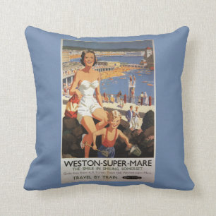 Mother & Son on Beach Railway Poster Cushion
