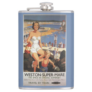 Mother & Son on Beach Railway Poster Hip Flask