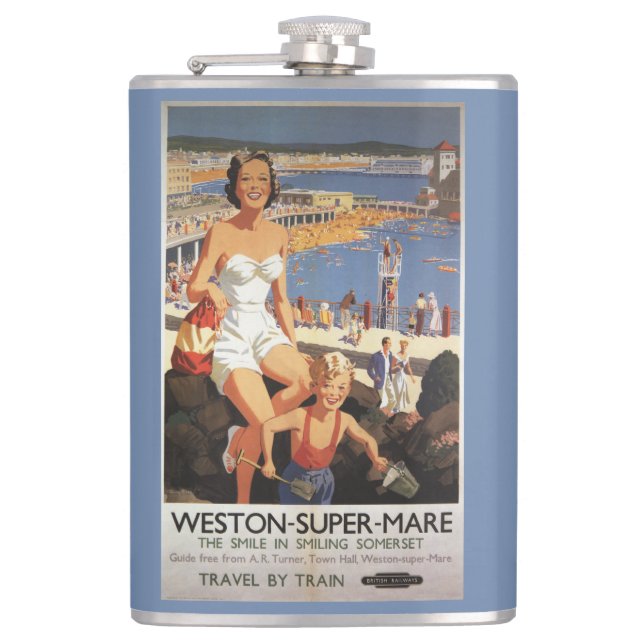 Mother & Son on Beach Railway Poster Hip Flask (Front)