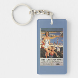 Mother & Son on Beach Railway Poster Key Ring