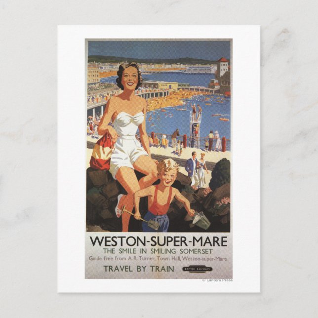 Mother & Son on Beach Railway Poster Postcard (Front)