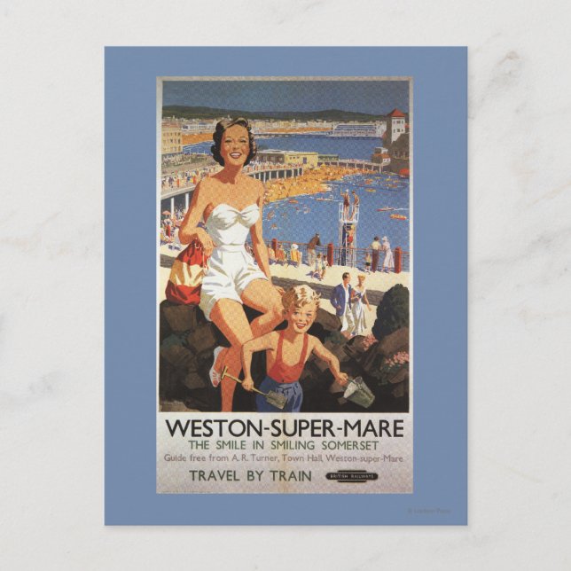 Mother & Son on Beach Railway Poster Postcard (Front)