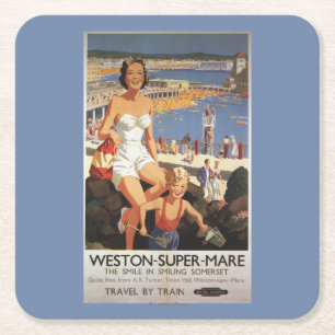 Mother & Son on Beach Railway Poster Square Paper Coaster