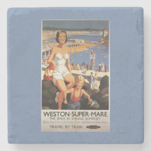Mother & Son on Beach Railway Poster Stone Coaster