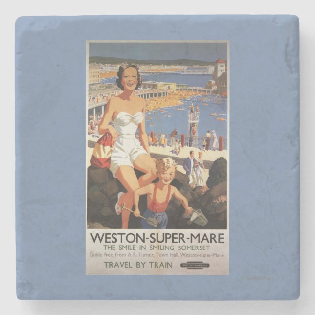 Mother & Son on Beach Railway Poster Stone Coaster (Front)