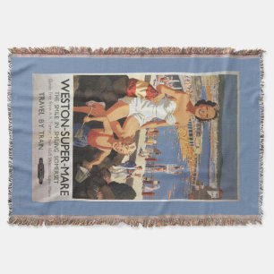 Mother & Son on Beach Railway Poster Throw Blanket