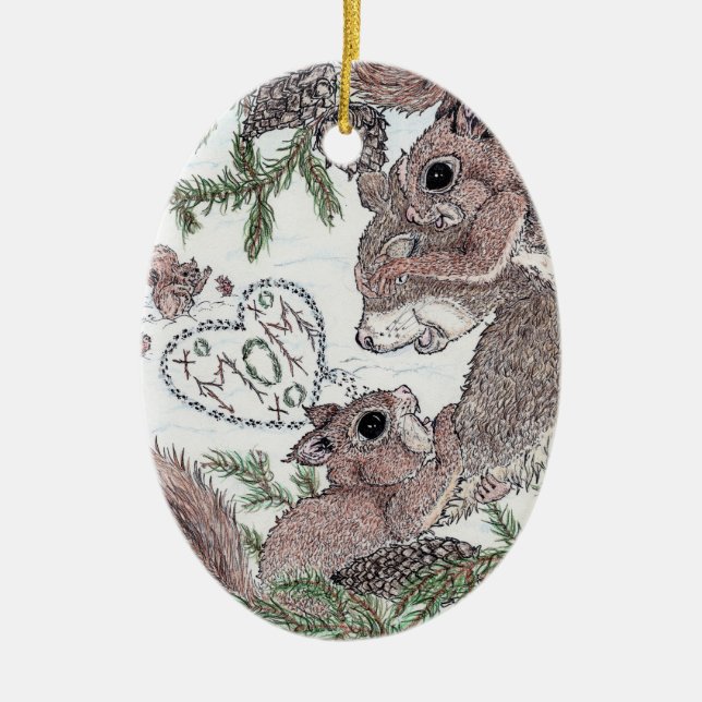 Mother Squirrel and Kits Ceramic Tree Decoration (Front)