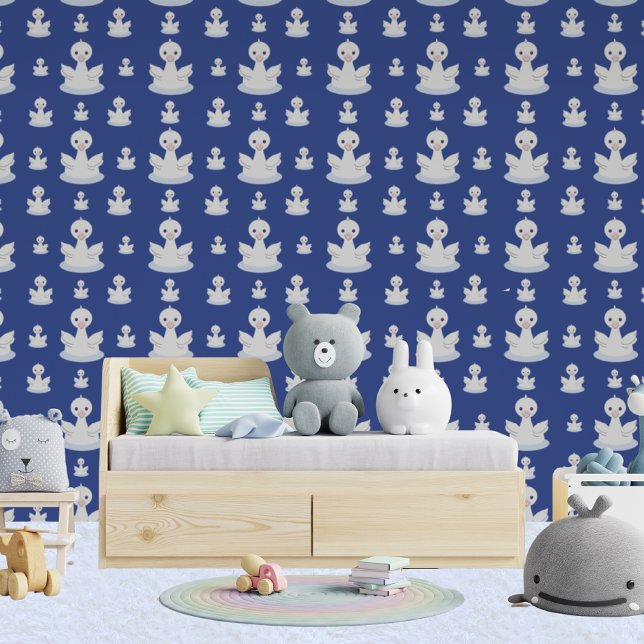Mother Swan And Her Babies Kids Blue And White Wallpaper (Creator Uploaded)