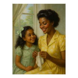 Mother Teaching Daughter to Knit Poster