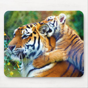 Mother Tiger with Baby Cub Climbing and Biting Ear Mouse Mat