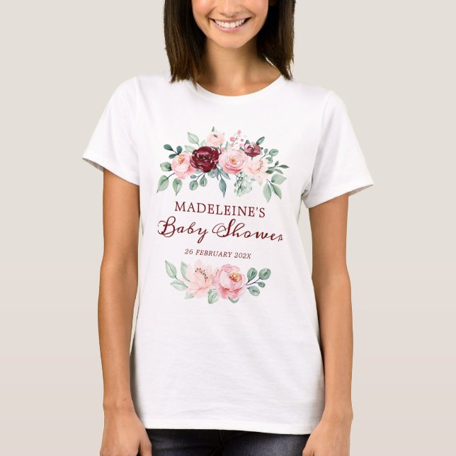 Mother To Be Burgundy Pink Floral Baby Shower T-Shirt (Front)