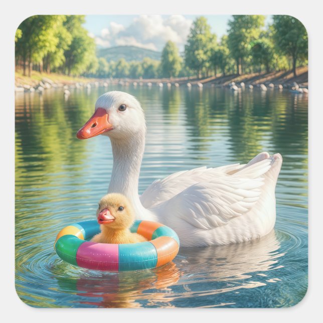 Mother White Duck With Duckling Square Sticker (Front)