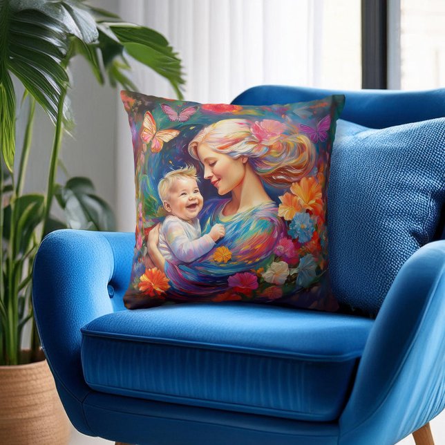 Mother with Baby Boy Colourful Painting Cushion (Creator Uploaded)
