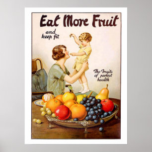 Mother with her child, eat more fruit, vintage poster