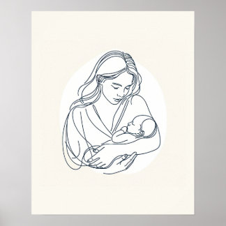 Mother with Newborn Baby - Line Art Poster