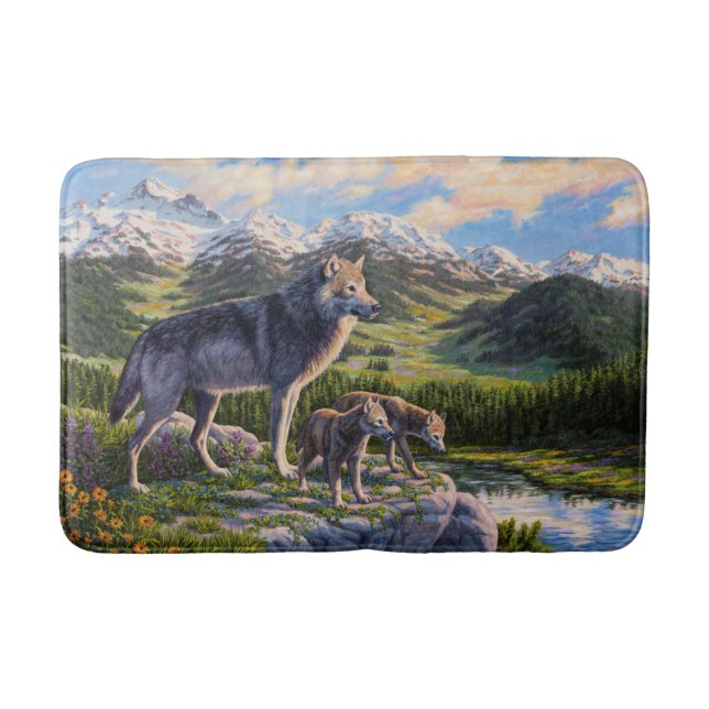 Mother Wolf & Pups Mountain River Valley Bath Mat (Front)