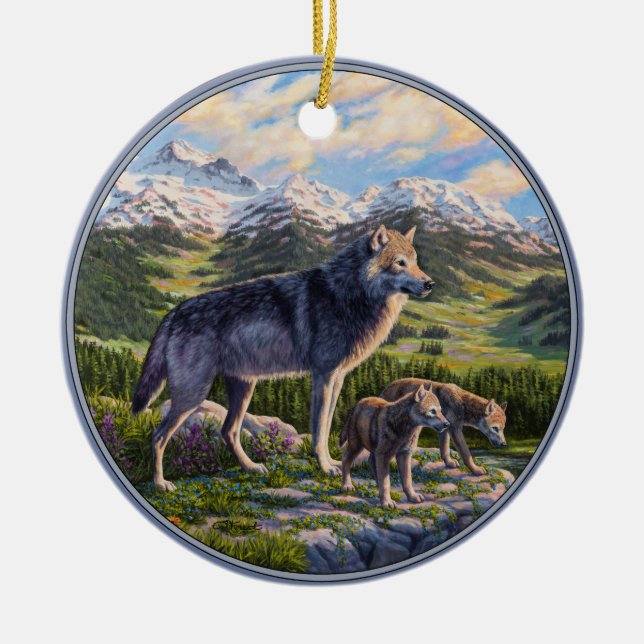 Mother Wolf & Pups Mountain River Valley Ceramic Tree Decoration (Front)