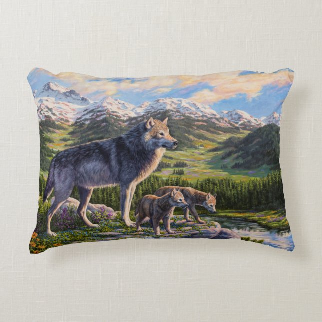 Mother Wolf & Pups Mountain River Valley Decorative Cushion (Front)