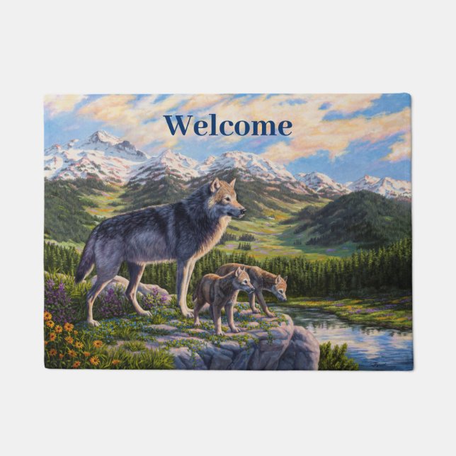 Mother Wolf & Pups Mountain River Valley Doormat (Front)