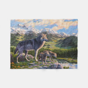 Mother Wolf & Pups Mountain River Valley Fleece Blanket