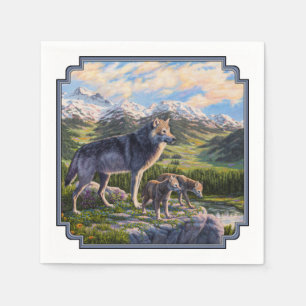 Mother Wolf & Pups Mountain River Valley Napkin
