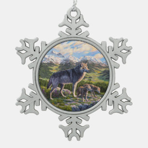 Mother Wolf & Pups Mountain River Valley Snowflake Pewter Christmas Ornament