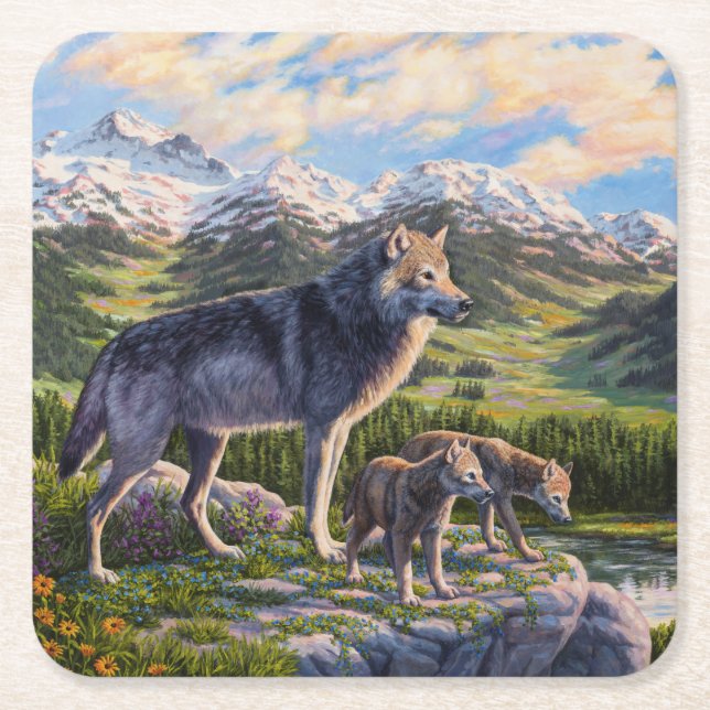 Mother Wolf & Pups Mountain River Valley Square Paper Coaster (Front)