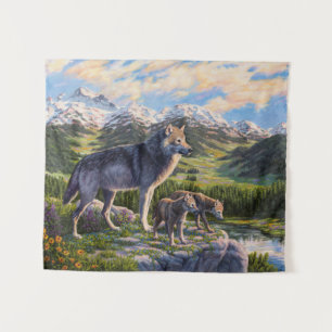 Mother Wolf & Pups Mountain River Valley Tapestry