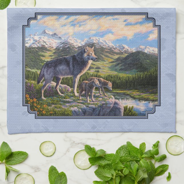 Mother Wolf & Pups Mountain River Valley Tea Towel (Folded)