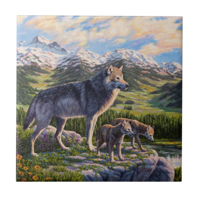 Mother Wolf & Pups Mountain River Valley Tile (Front)
