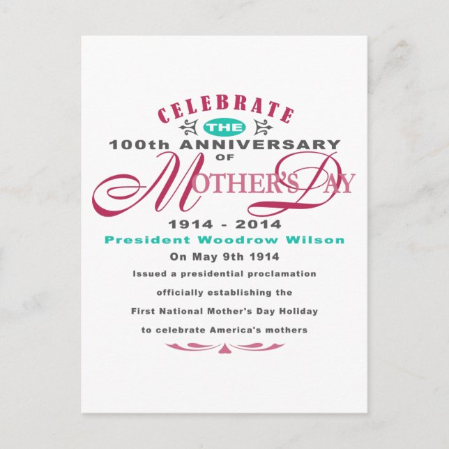 Mothers Day 2014 - 100 Year Celebration Invitation Postcard (Front)