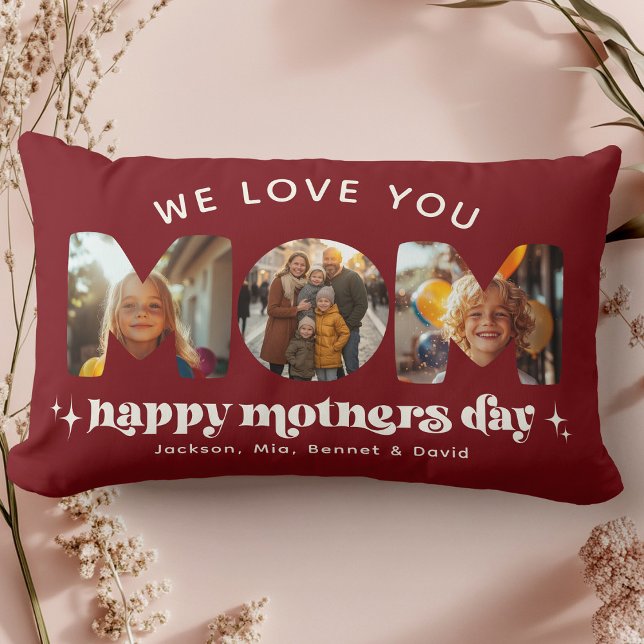 Mother's Day 3 Photo Custom Cute Retro Cherry Red Lumbar Cushion (Creator Uploaded)