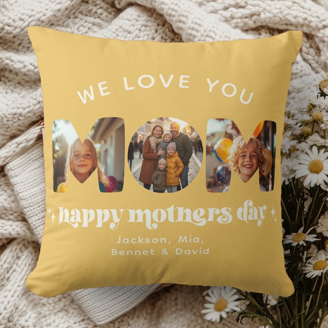 Mother's Day 3 Photo Custom Cute Retro Yellow Cushion (Creator Uploaded)