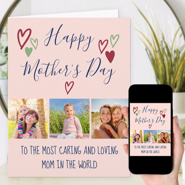 Mother's Day 3 Photo Whimsical Hearts Typography Card (Creator Uploaded)