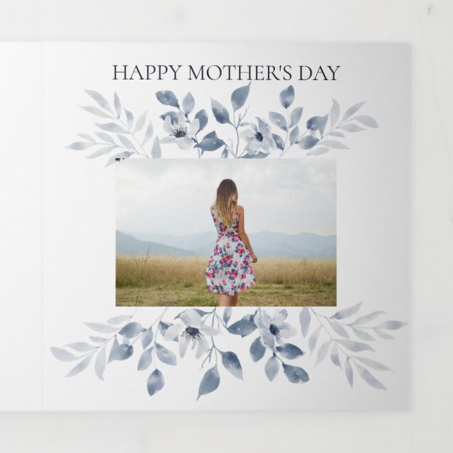Mother's Day 4 Photo Trifold Card Blue Floral (Cover)