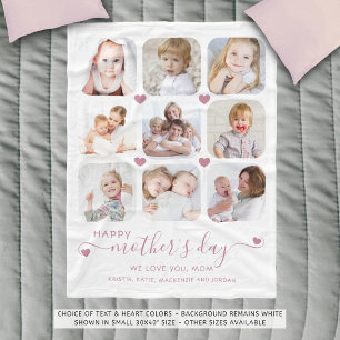 Mothers Day 9 Photo Collage Script Pink White Fleece Blanket