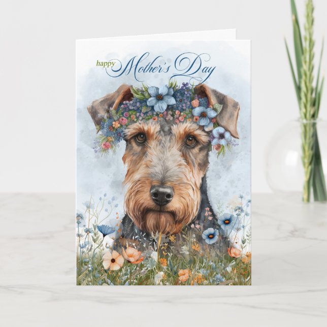 Mother's Day Airedale Terrier Dog with Wildflowers Holiday Card (Front)
