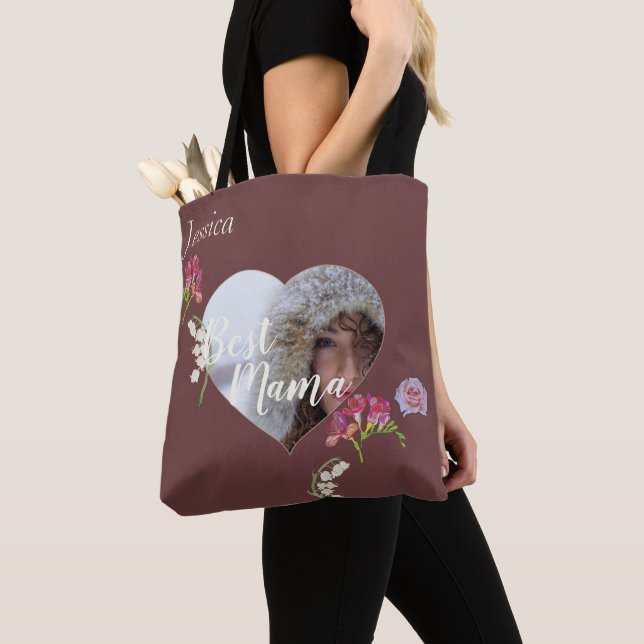 Mother's Day "Best Mama" Heart Photo Fresia  Tote Bag (Close Up)
