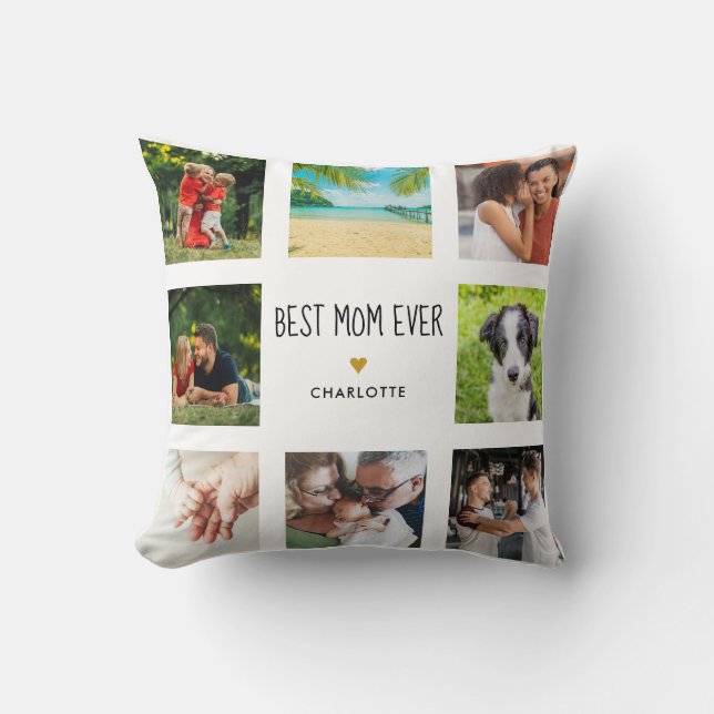Mothers Day Best Mum Ever Photo Collage Gold Heart Cushion (Front)