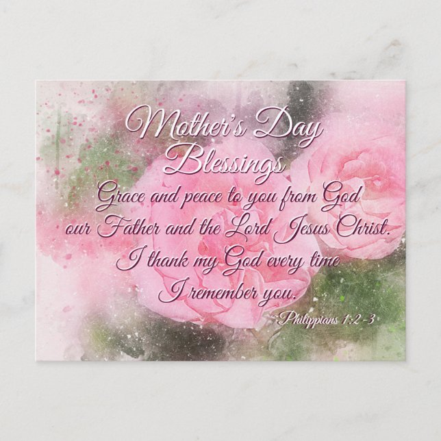 Mother's Day Blessings Philippians 1:2-3 Pink Rose Postcard (Front)