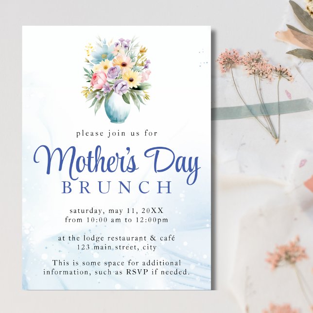 Mother's Day Blue Watercolor Brunch Floral Invitation (Creator Uploaded)
