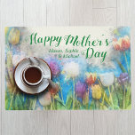 Mother's Day Breakfast Kids Names Watercolor Tulip Laminated Place Mat<br><div class="desc">Surprise mum with breakfast in bed, and stage the event with this lovely Spring Floral placemat! Personalised with her children's names, this colourful mat is oh so cheerful, blooming with watercolor tulips in purple, yellow and white against a bright blue sky. The floral scene without the greeting is on the...</div>
