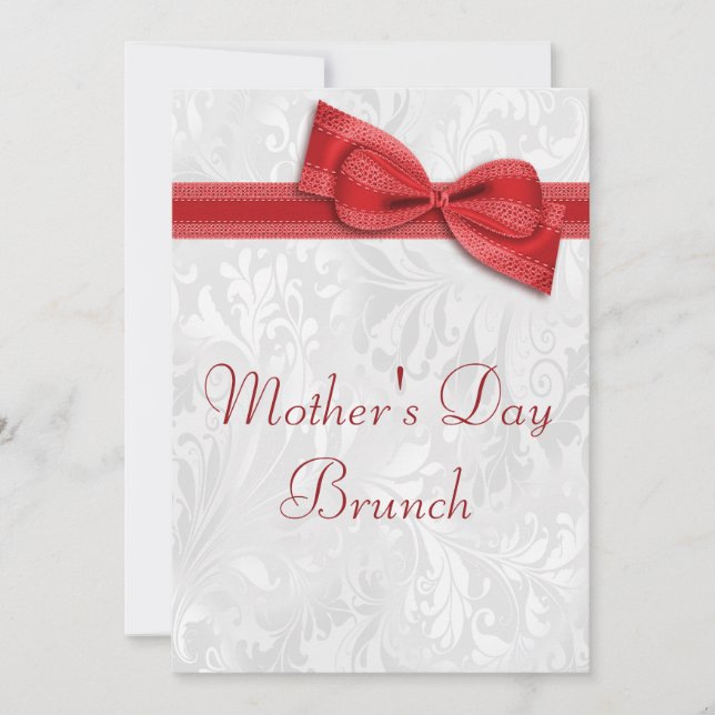 Mother's Day Brunch Damask and Faux Bow Invitation (Front)