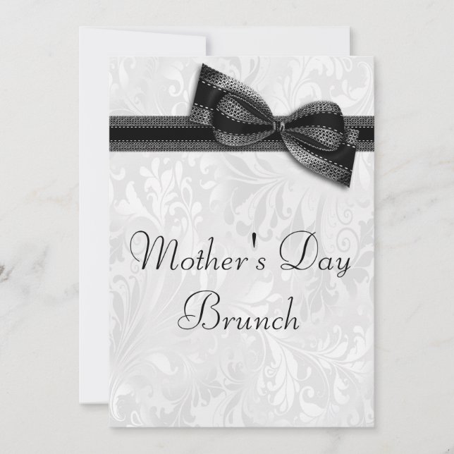 Mother's Day Brunch Damask and Faux Bow Invitation (Front)