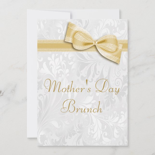 Mother's Day Brunch Damask and Faux Bow Invitation (Front)