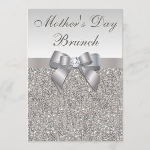 Mother's Day Brunch Faux Silver Jewels and Bow Invitation