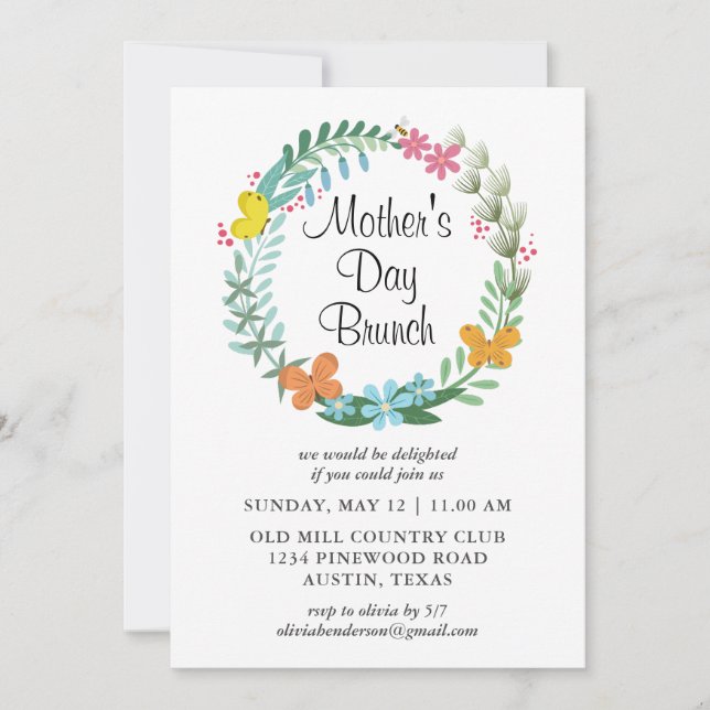 Mother's Day Brunch Floral Garland Wreath  Invitation (Front)