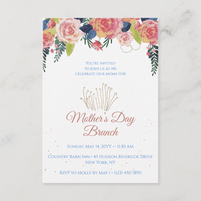 Mother's Day Brunch Floral Navy Blue & Rose Gold Invitation (Front)