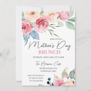 Mother's Day Brunch Pink Rose Watercolor Floral Invitation