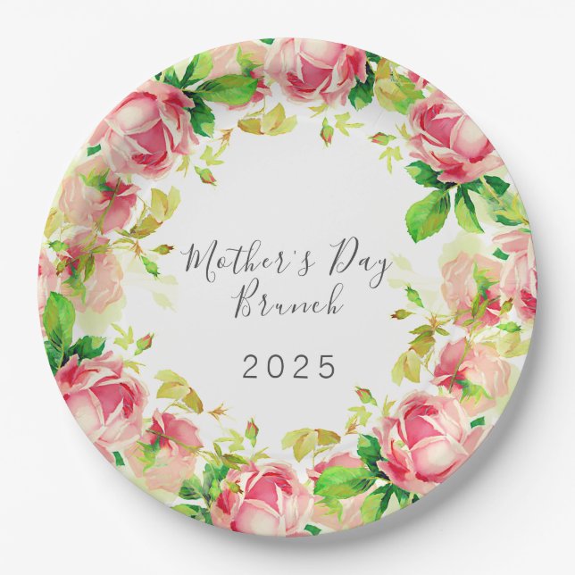  Mother's Day   Brunch  - pink  roses  Paper Plate (Front)